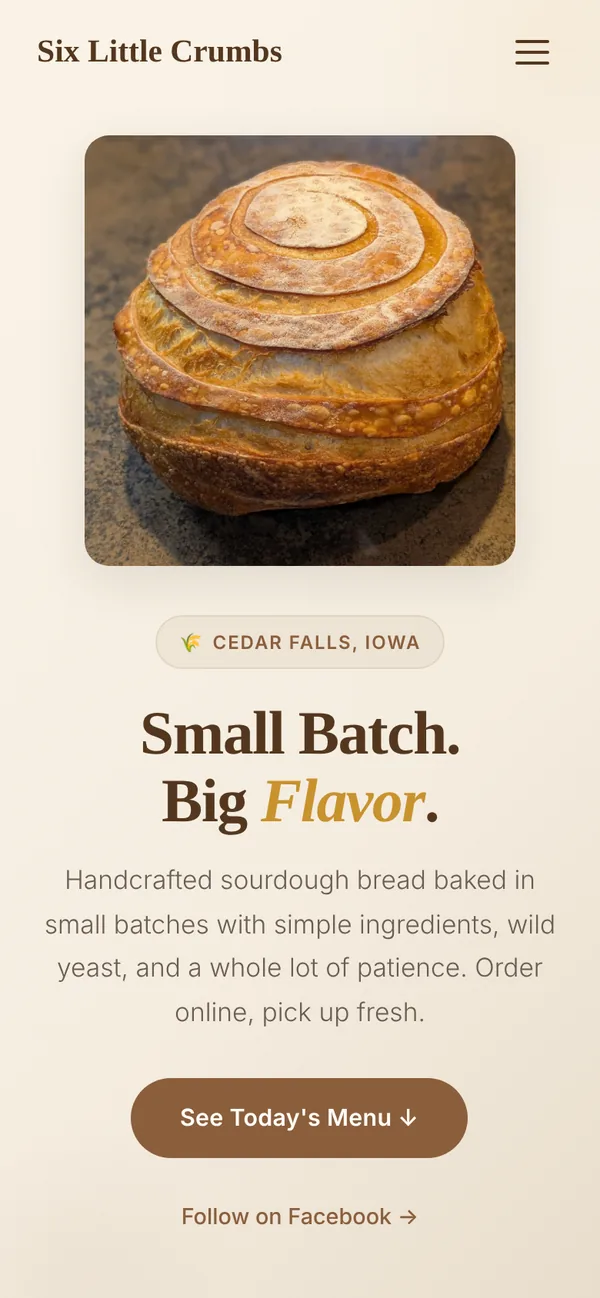 Six Little Crumbs homepage on a phone